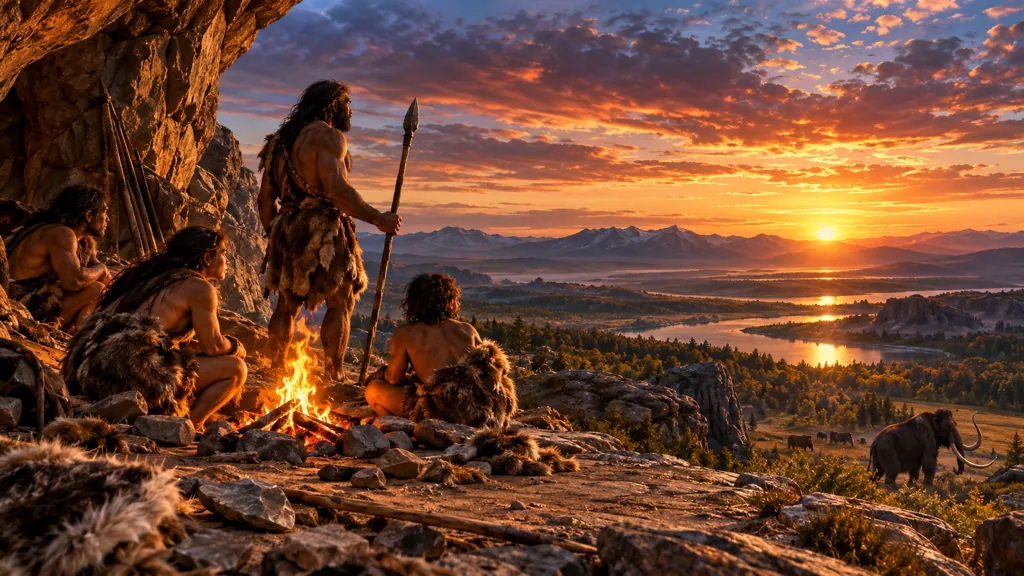 Campamento prehistórico al atardecer